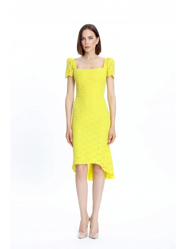Square Neck Godet Yellow Dress