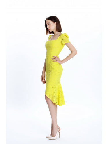 Square Neck Godet Yellow Dress