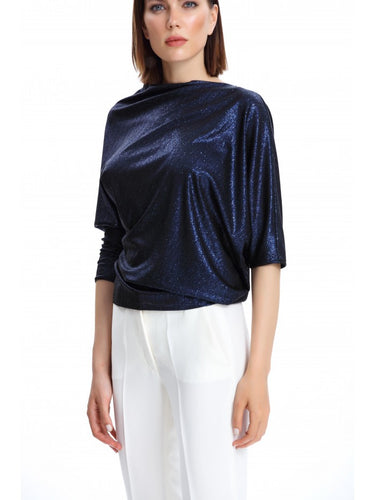 Boat Neck Glittery Navy Blouse