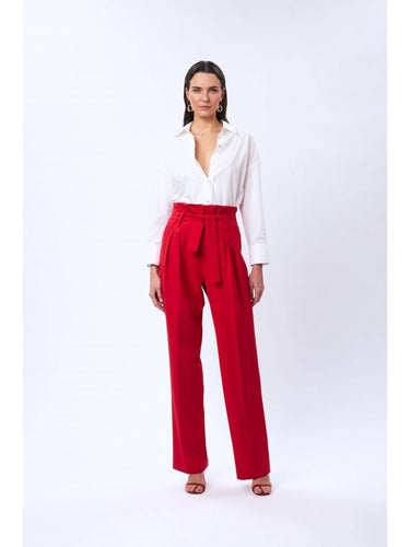 Pleated Wide-Leg Red Trousers