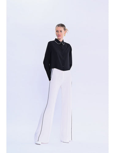 Wide-Leg Trousers with Pipe Trim