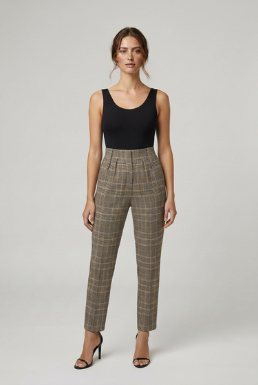 Pleated High-Waisted Plaid Trousers