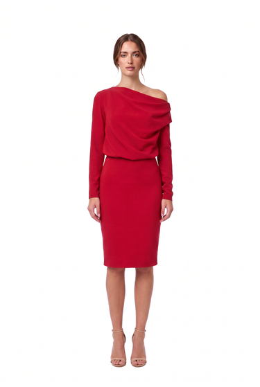 Long Sleeve Cowl Neck Dress / Red