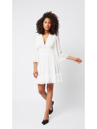 Beli Korsajlı Kruvaze Ekru Elbise