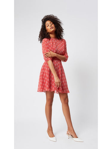 Beli Korsajlı Kırmızı Desenli Elbise