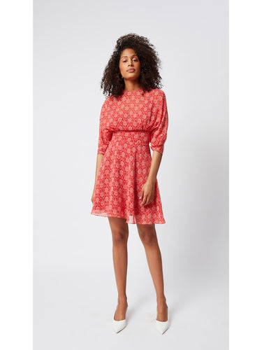 Beli Korsajlı Kırmızı Desenli Elbise