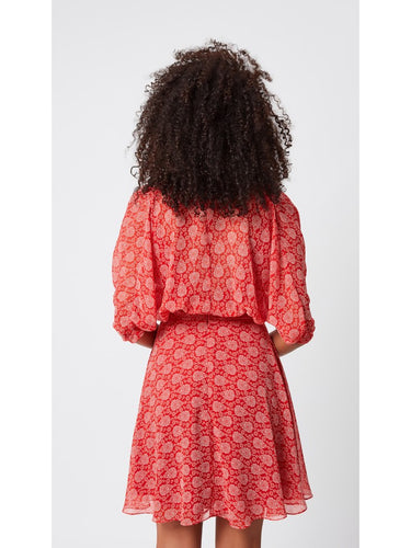 Beli Korsajlı Kırmızı Desenli Elbise