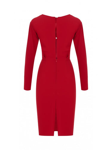 Kırmızı Uzun Kollu Degaje Elbise