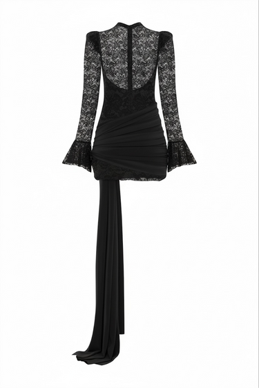 Şifon Detaylı Mini Dantel Elbise