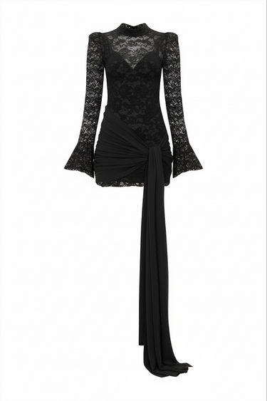 Şifon Detaylı Mini Dantel Elbise