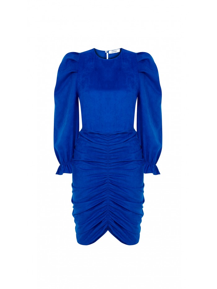 Saks Rengi Eteği Büzgülü Elbise