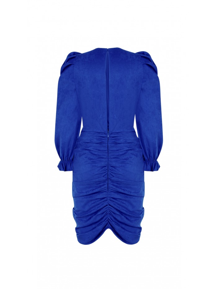 Saks Rengi Eteği Büzgülü Elbise